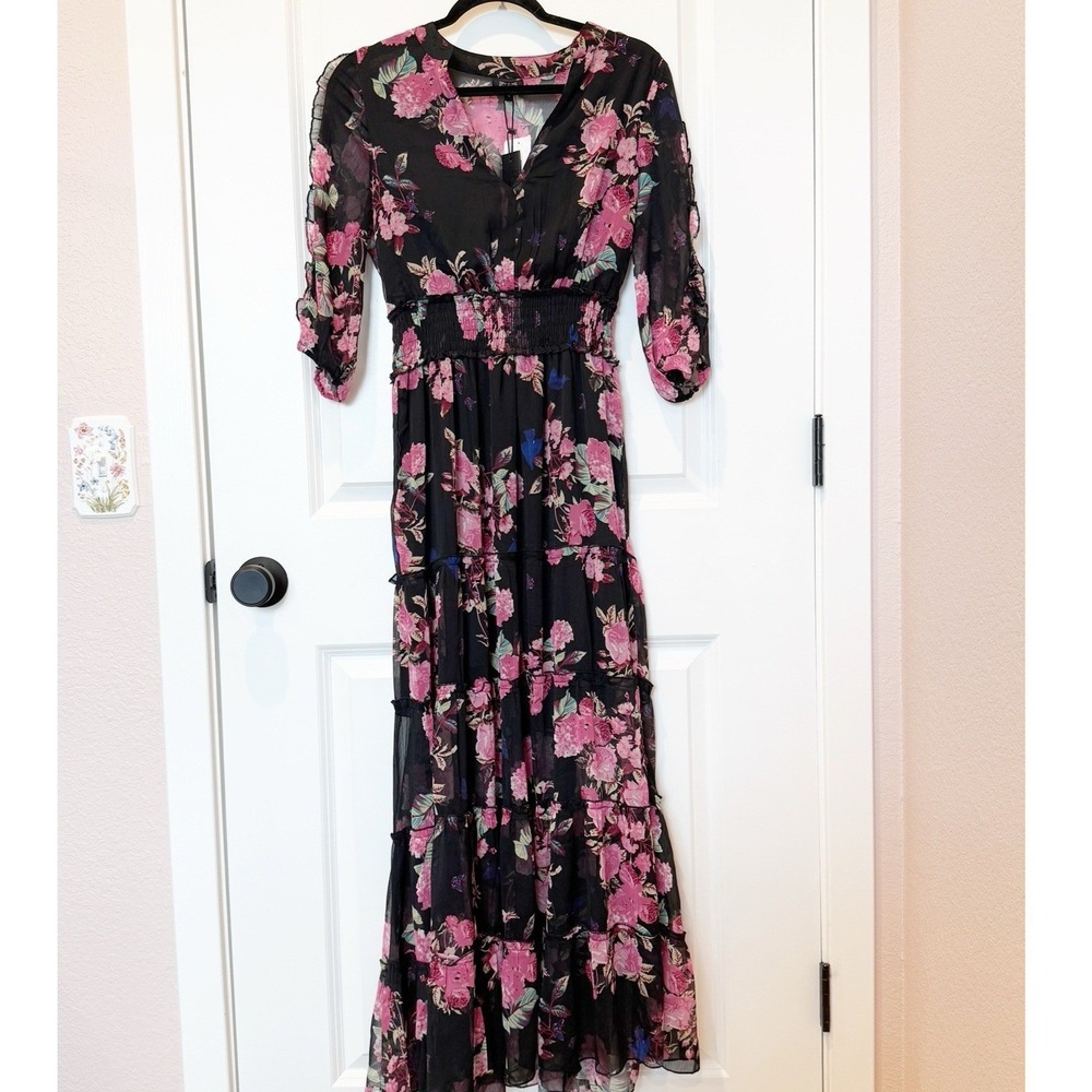 Spy Zone Floral Tiered Dark Romantic Maxi Dress Small Boho Whimsy Sheer NWT